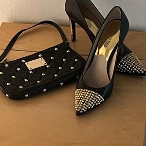 Michael Kors Black and Gold Studded Heels with Matching Leather bag